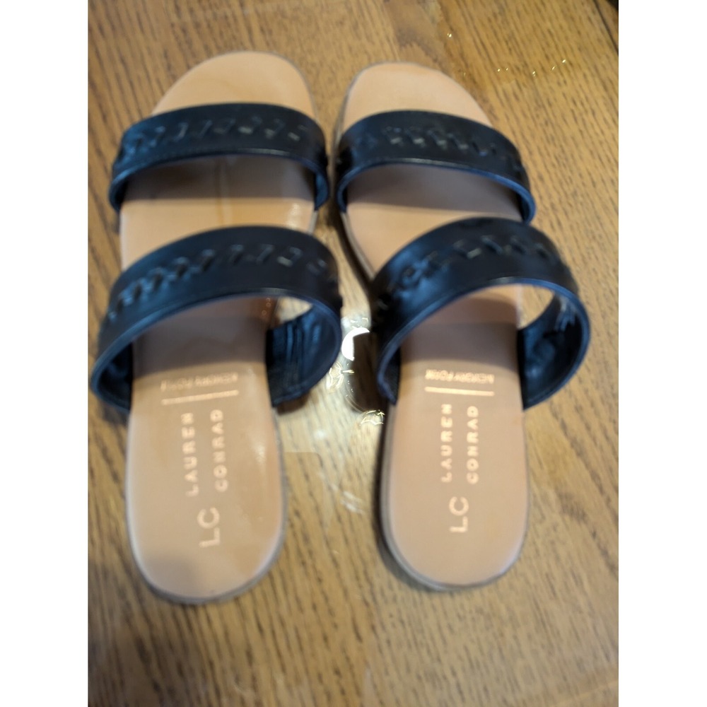 Lauren Conrad Sandals Slides Flats‎ Black Patten Leather Double Strap Sz 6.5